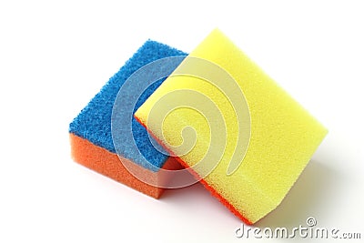 Bright ï¿½olored kitchen sponges, close-up, white background Stock Photo